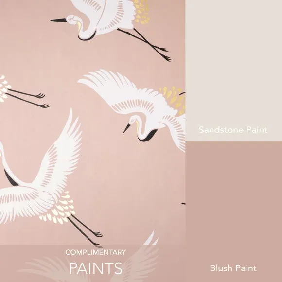 Flying Cranes Wallpaper - Blush, Metallic