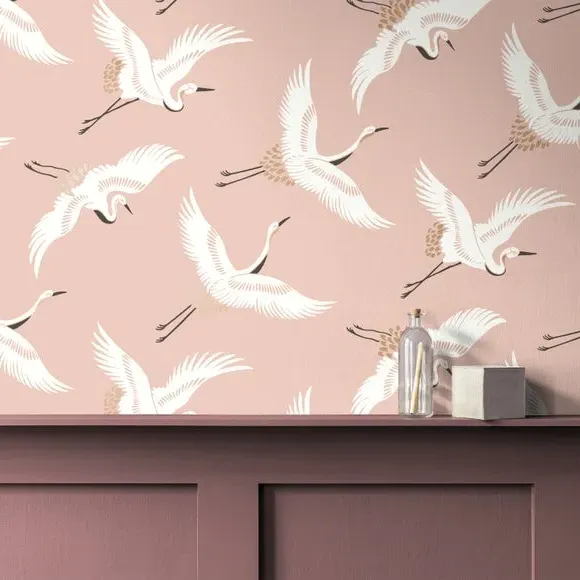 Flying Cranes Wallpaper - Blush, Metallic