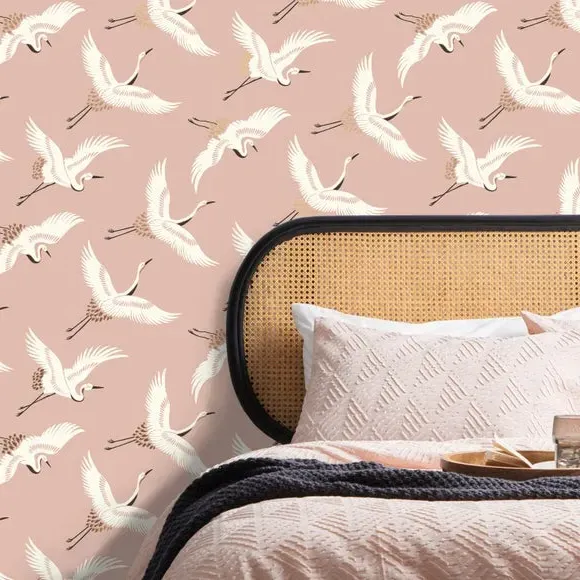 Flying Cranes Wallpaper - Blush, Metallic image