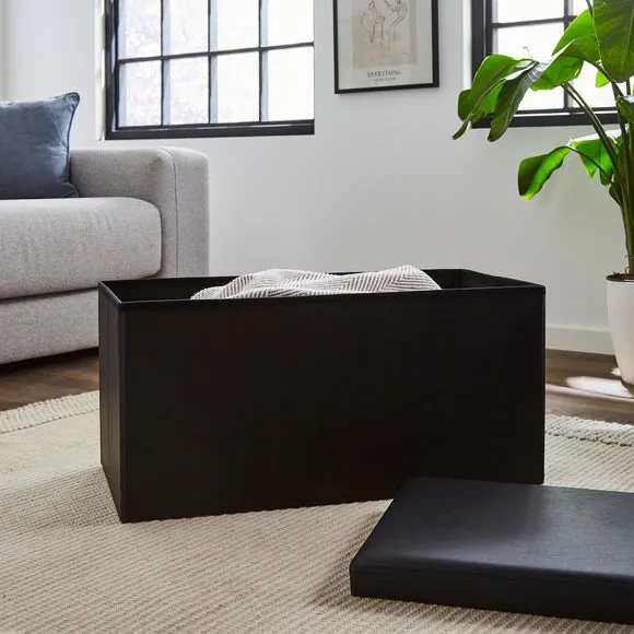 Foldable Storage Ottoman - Black, Faux Leather