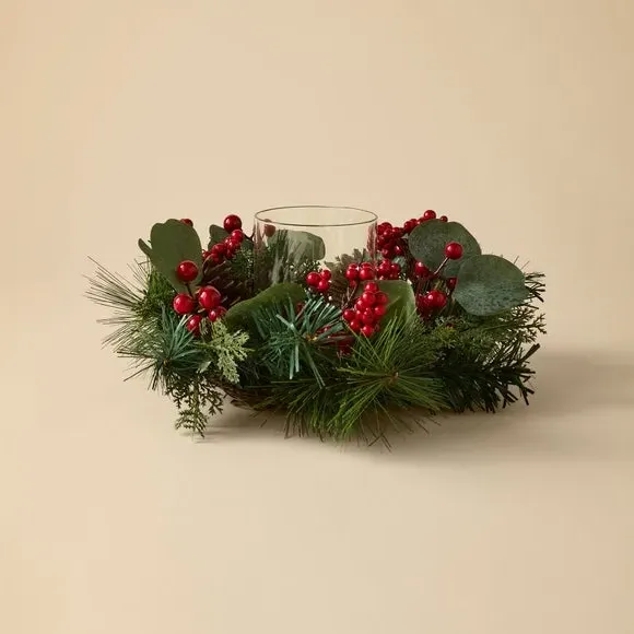 Foliage Candle Holder with Berries - Green