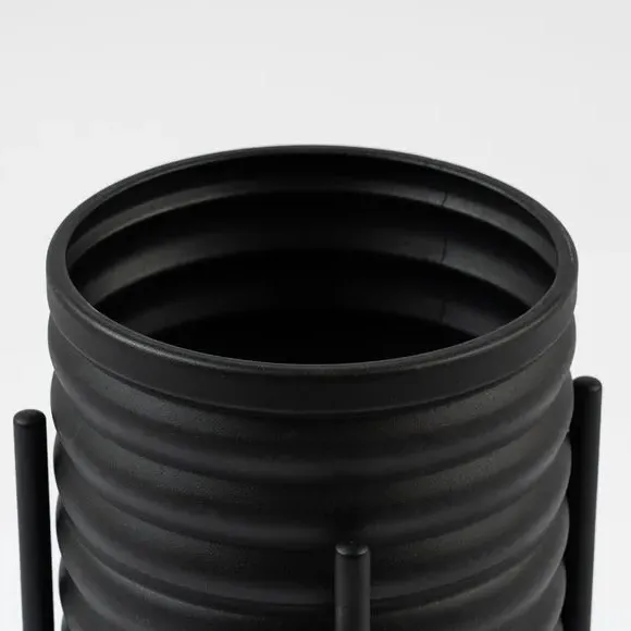 Footed Plant Pot with Ribbed Design - Black, Metal