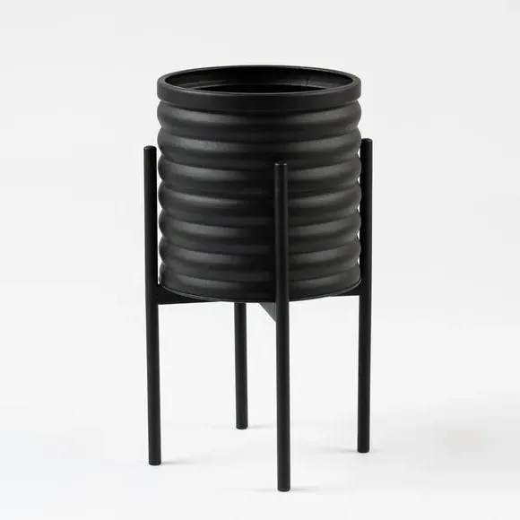 Footed Plant Pot with Ribbed Design - Black, Metal