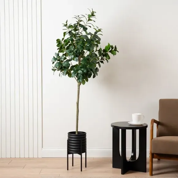 Footed Plant Pot with Ribbed Design - Black, Metal image
