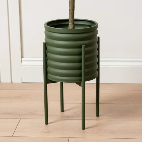 Footed Plant Pot with Ribbed Design - Green, Metal