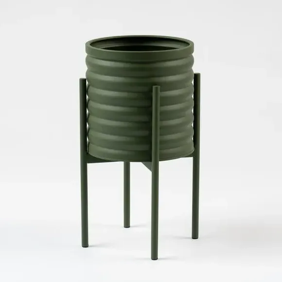 Footed Plant Pot with Ribbed Design - Green, Metal