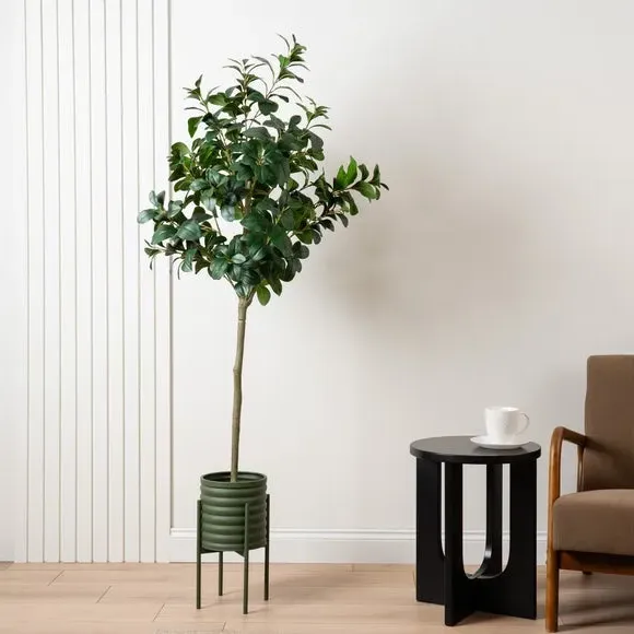 Footed Plant Pot with Ribbed Design - Green, Metal