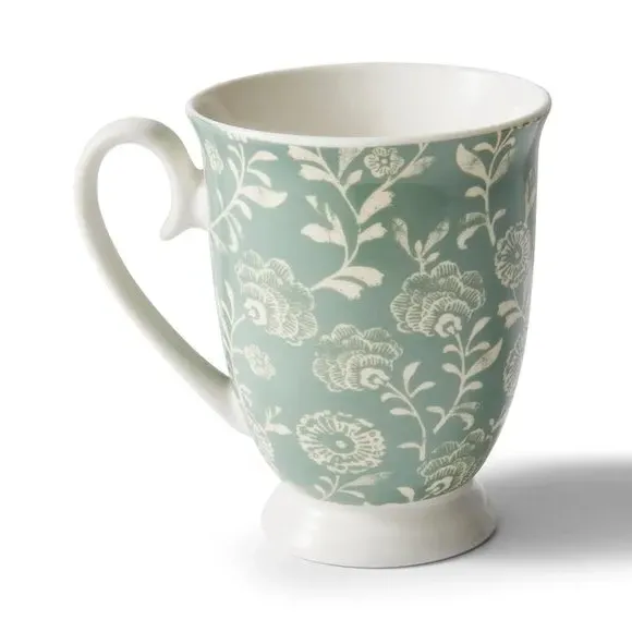Footed Tea Cup Floral Print - Green, Bone China