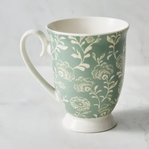Footed Tea Cup Floral Print - Green, Bone China image