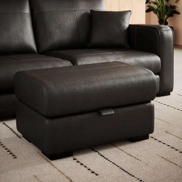 Footstool with Piped Edge - Black, Leather image