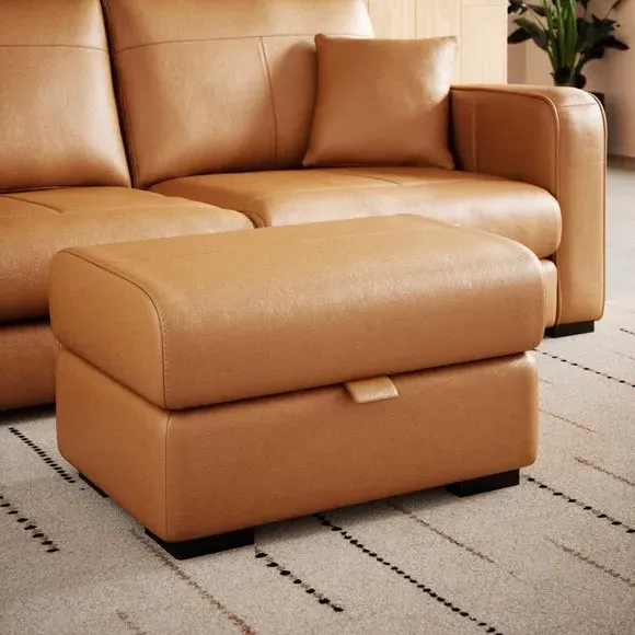 Footstool with Piped Edge - Tan, Leather