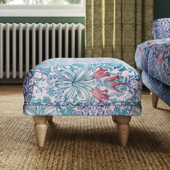 Footstool with Print Design - Peony, Velvet