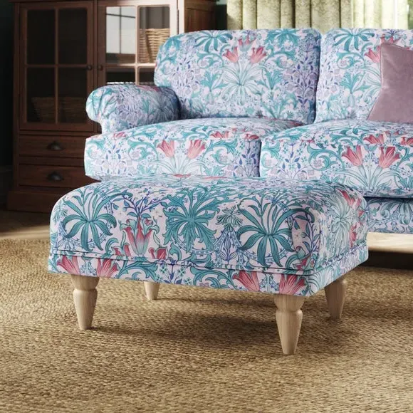 Footstool with Print Design - Peony, Velvet