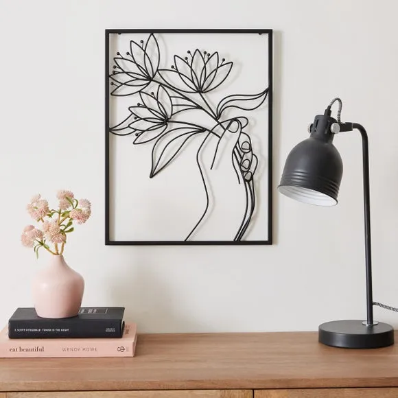 Framed Wire Wall Art Flower Design - Black, Metal image