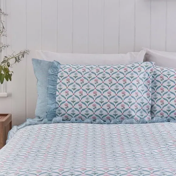 Frill Duvet Cover Set - Blue, Polycotton