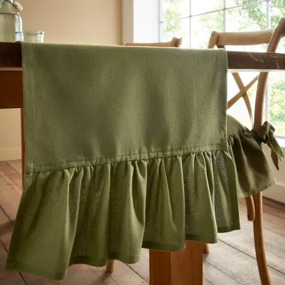 Frill Edge Table Runner - Olive, Cotton