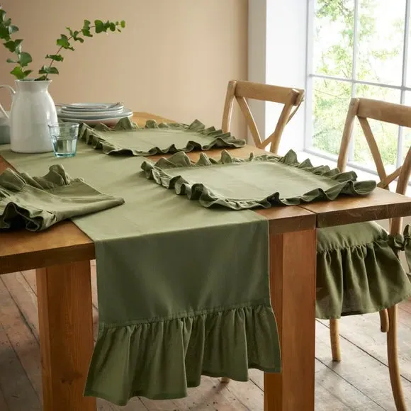 Frill Edge Table Runner - Olive, Cotton