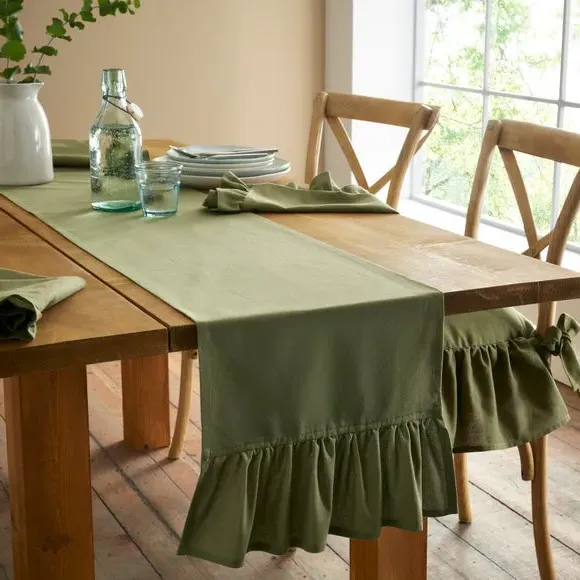 Frill Edge Table Runner - Olive, Cotton