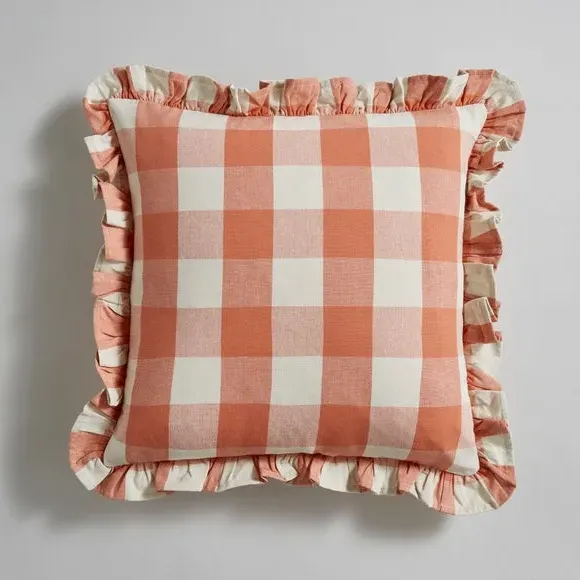 Frilled Check Cushion - Clay, Polyester
