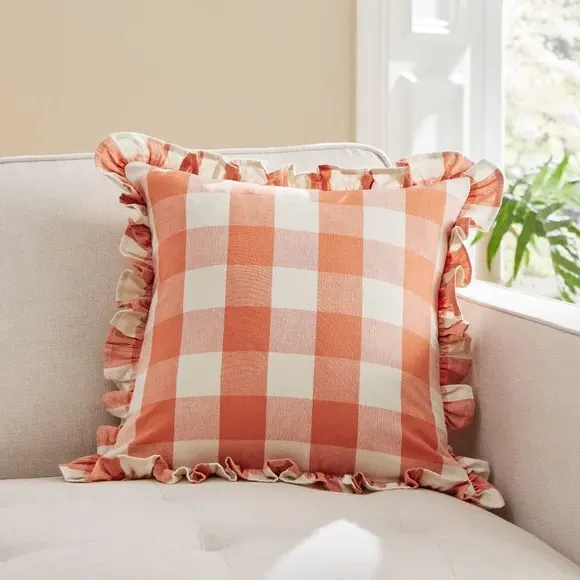 Frilled Check Cushion - Clay, Polyester image