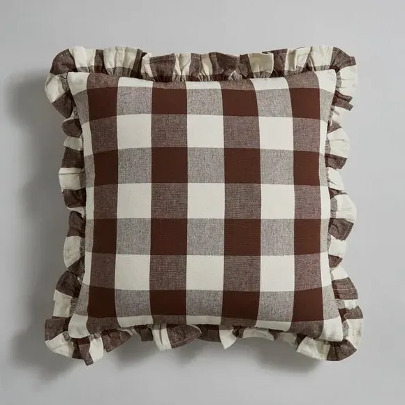 Frilled Check Cushion - Pinecone, Polyester