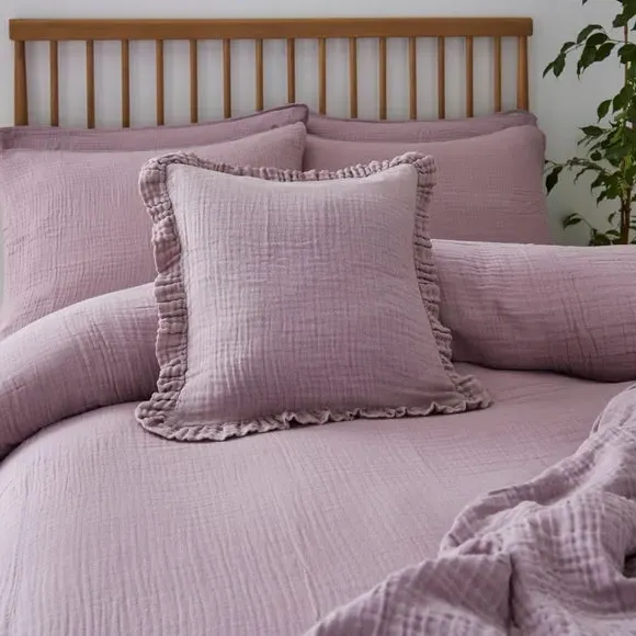 Frilled Cushion Cover - Mauve, Cotton Muslin