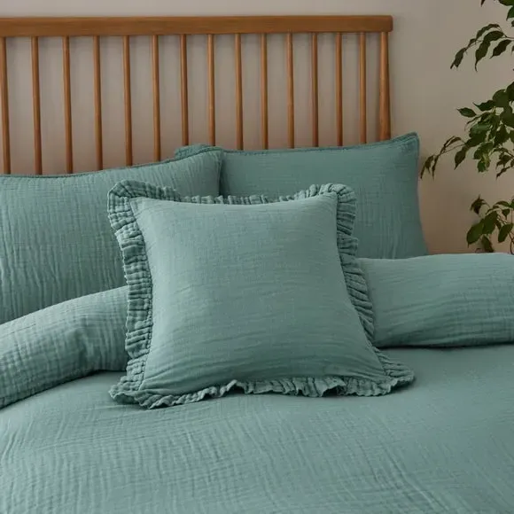 Frilled Cushion Cover - Mineral, Cotton Muslin