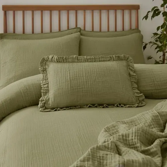 Frilled Cushion Cover - Soft Olive, Cotton Muslin