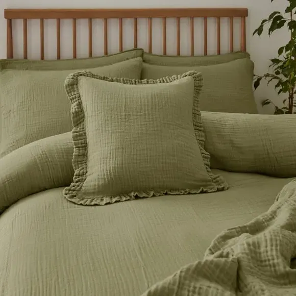 Frilled Cushion Cover - Soft Olive, Cotton Muslin
