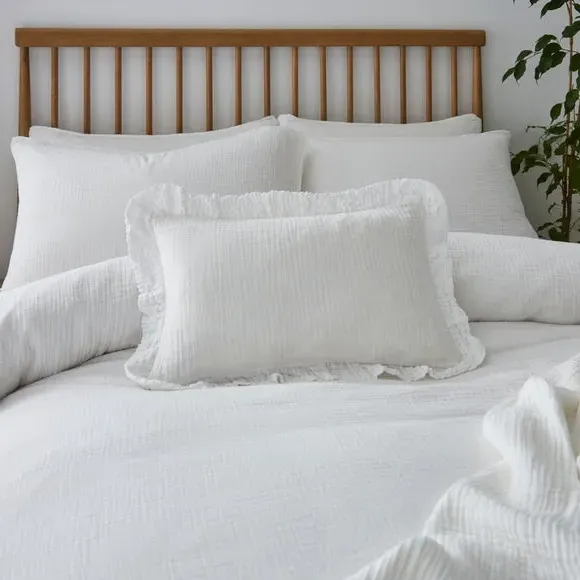 Frilled Cushion Cover - White, Cotton Muslin