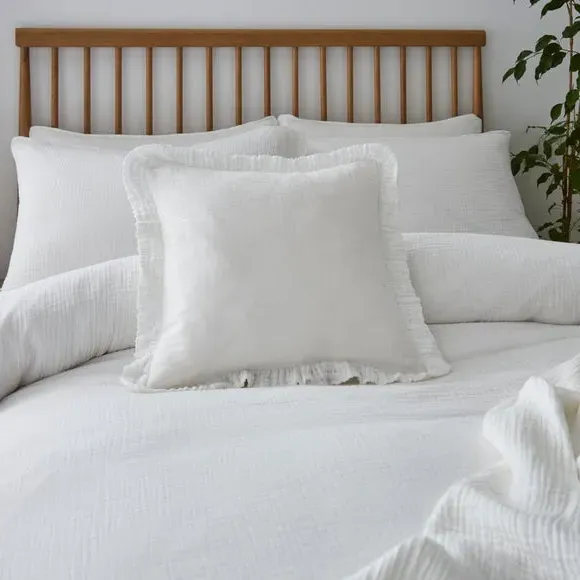 Frilled Cushion Cover - White, Cotton Muslin