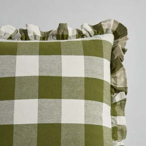 Frilled Cushion with Check Pattern - Olive
