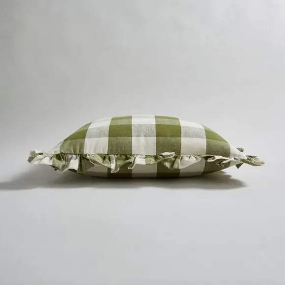 Frilled Cushion with Check Pattern - Olive