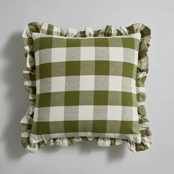 Frilled Cushion with Check Pattern - Olive