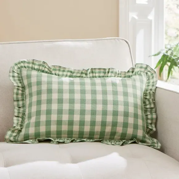 Frilled Cushion with Gingham Pattern - Green image