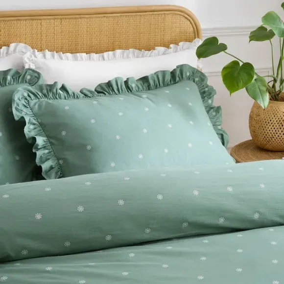 Frilled Duvet Cover Set - Green, Cotton
