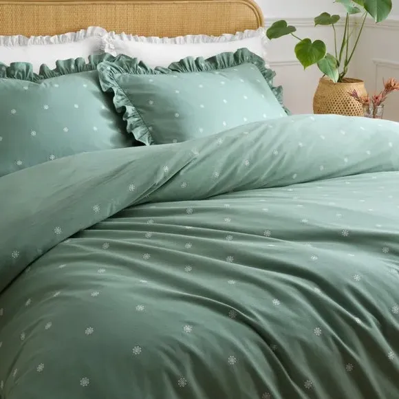Frilled Duvet Cover Set - Green, Cotton