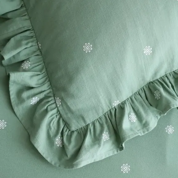 Frilled Duvet Cover Set - Green, Cotton