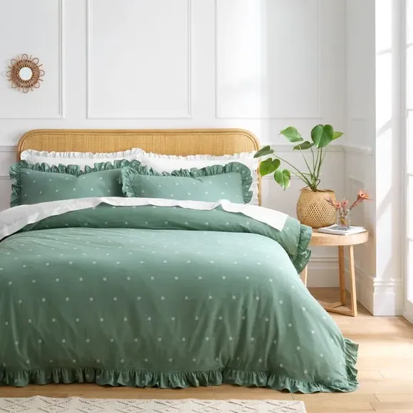 Frilled Duvet Cover Set - Green, Cotton