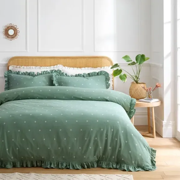 Frilled Duvet Cover Set - Green, Cotton image