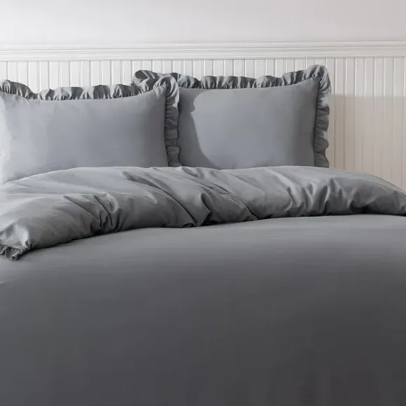 Frilled Edge Duvet Cover Set - Charcoal, Microfibre