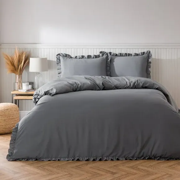 Frilled Edge Duvet Cover Set - Charcoal, Microfibre