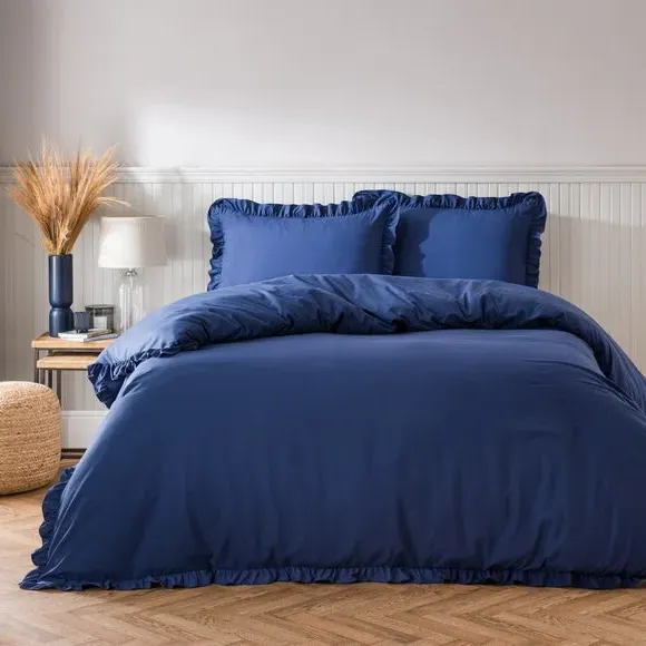Frilled Edge Duvet Cover Set - Navy, Microfibre