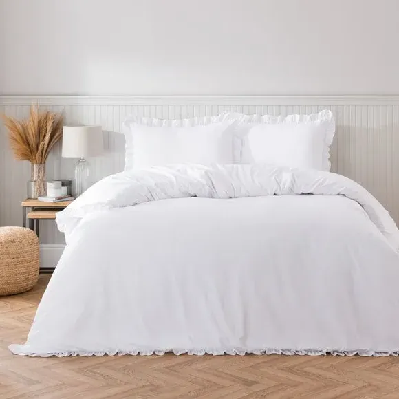 Frilled Edge Duvet Cover Set - White, Microfibre