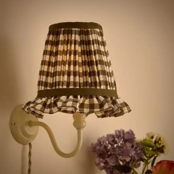 Frilled Lamp Shade with Gingham - Olive, Polyester