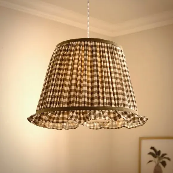 Frilled Lamp Shade with Gingham - Olive, Polyester