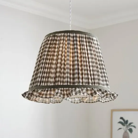 Frilled Lamp Shade with Gingham - Olive, Polyester