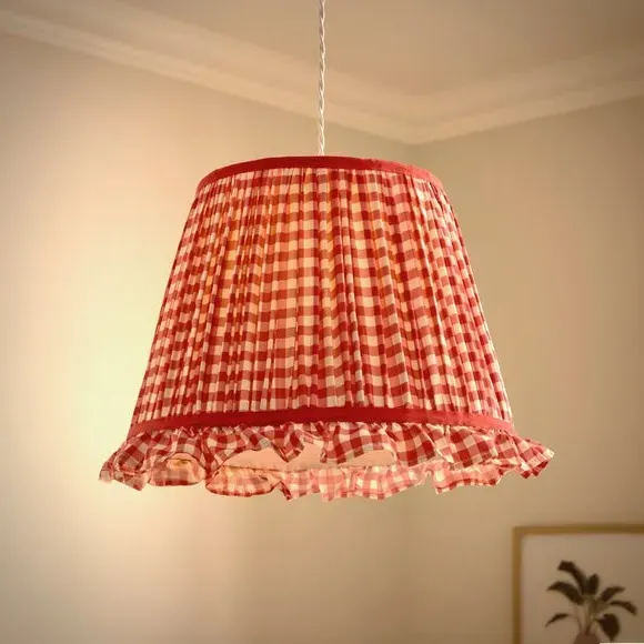 Frilled Lamp Shade with Gingham - Red, Polyester
