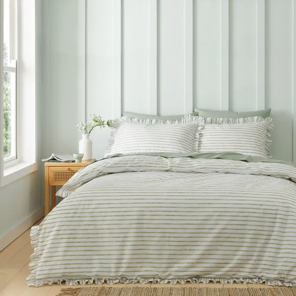 Frilled Stripe Duvet Cover Set - Olive, Cotton