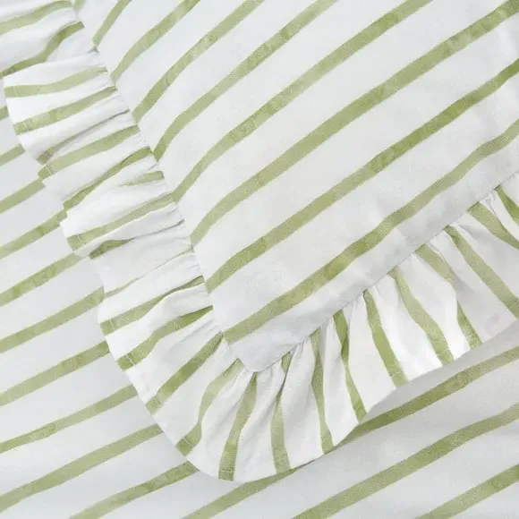 Frilled Stripe Duvet Cover Set - Olive, Cotton